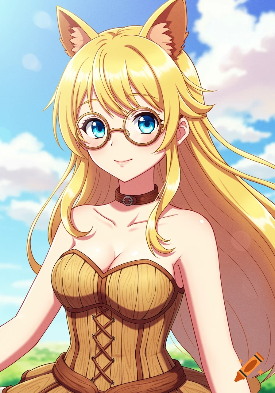 Anime portrait of a blonde girl with cat ears, glasses, and blue eyes, wearing a wooden corset under a sunny sky.