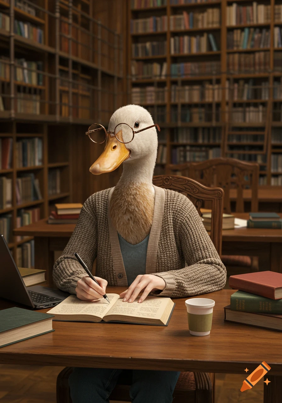 Anthropomorphic duck with glasses writing in a book at a desk in a library, photorealistic style.