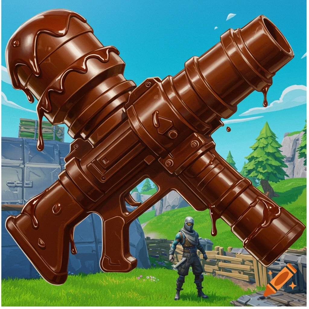 Giant chocolate rocket launcher in a Fortnite landscape with a character.