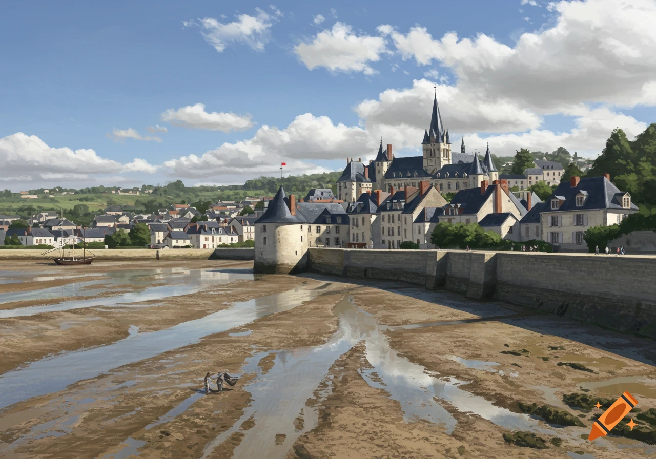 A painting of a large castle and town on a riverbank during low tide under a partly cloudy sky.