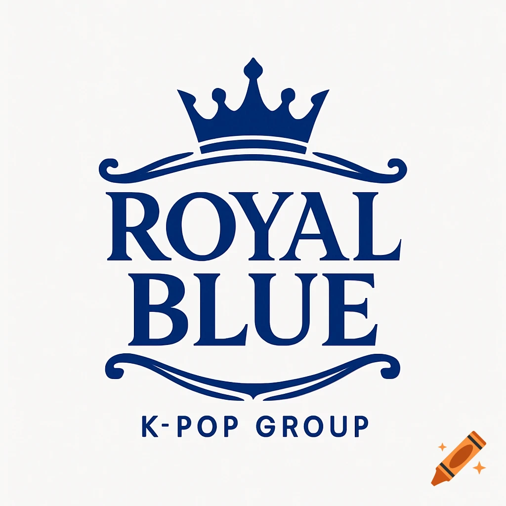 Logo with a blue crown above the text 'ROYAL BLUE' and 'K-POP GROUP' on a white background.