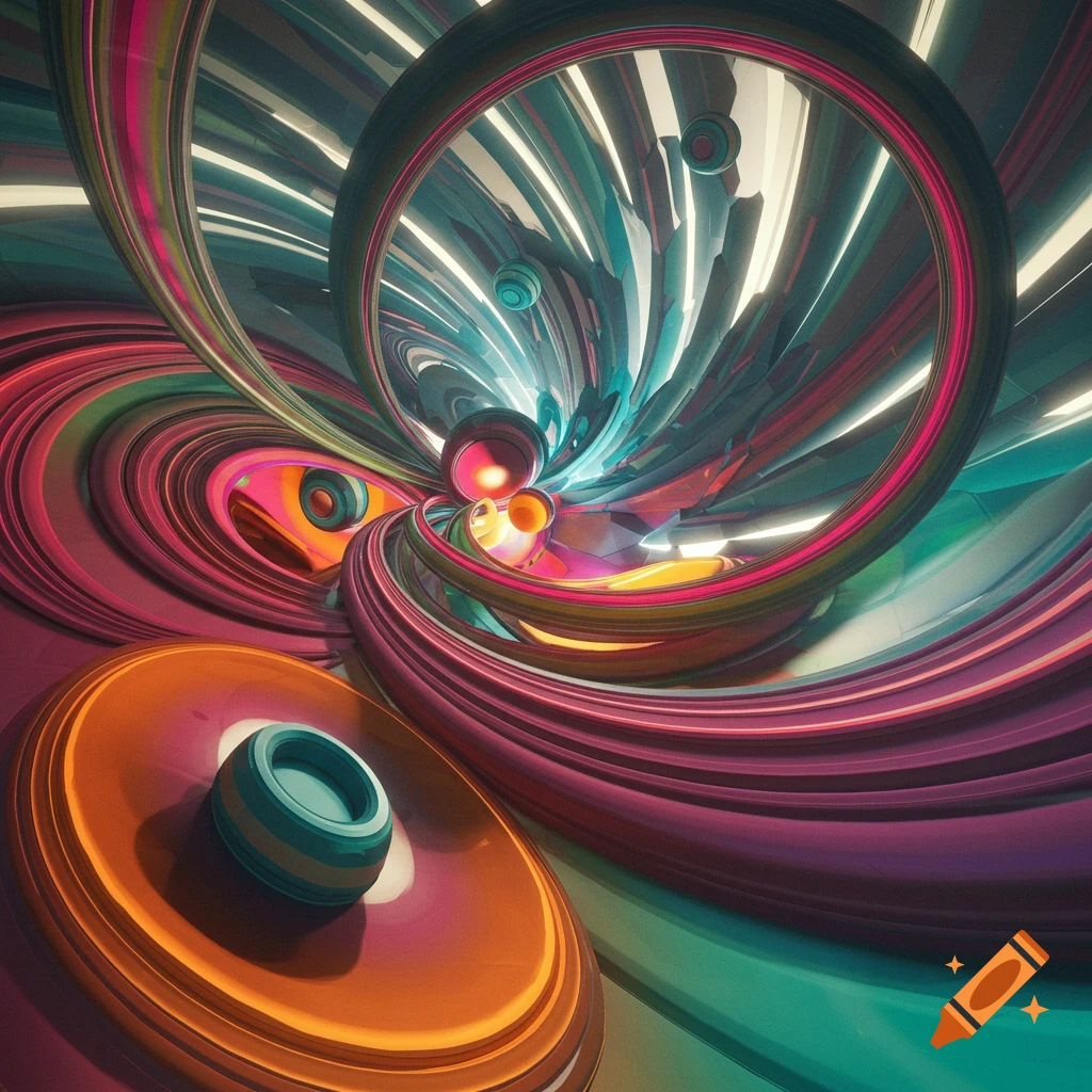 Abstract 3D render of swirling, colorful metallic shapes and spheres.