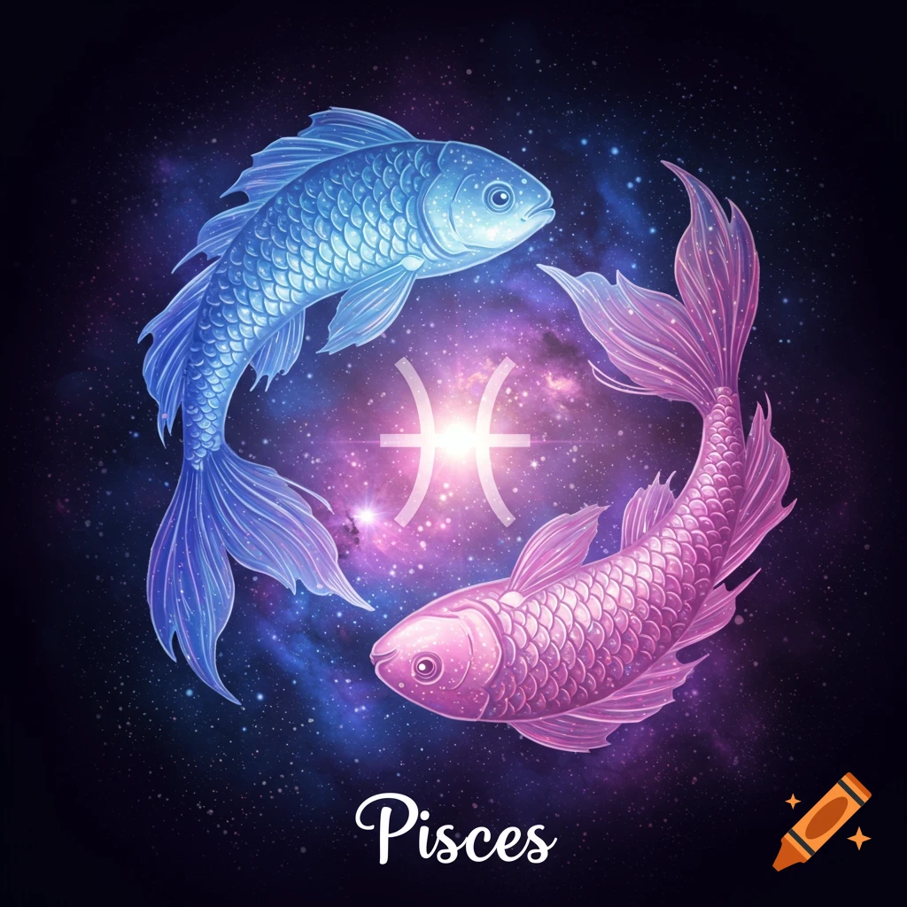 Blue and pink fish form a circle around the Pisces zodiac symbol and name against a galaxy background.