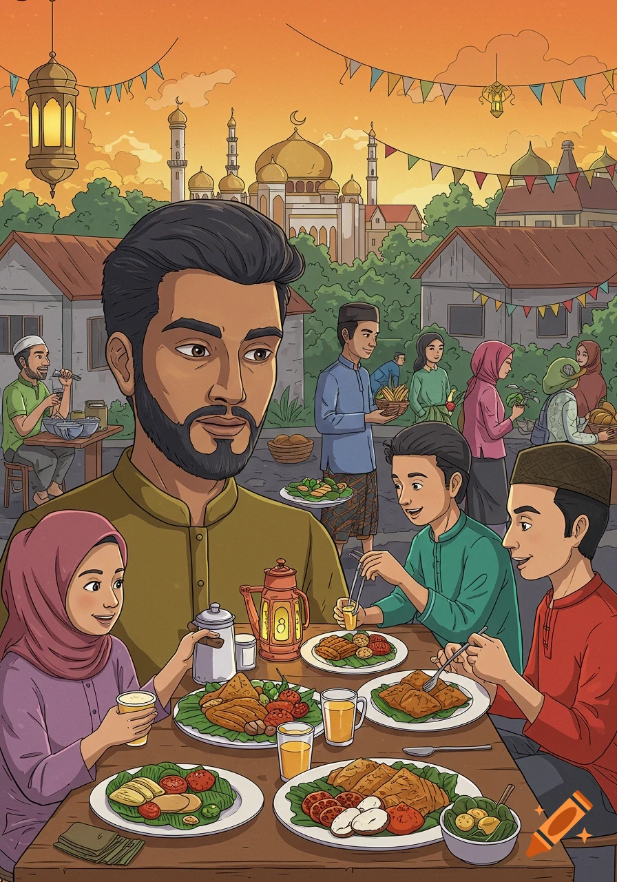 Illustration of a family having a meal outdoors with a mosque and festive decorations in the background during sunset.
