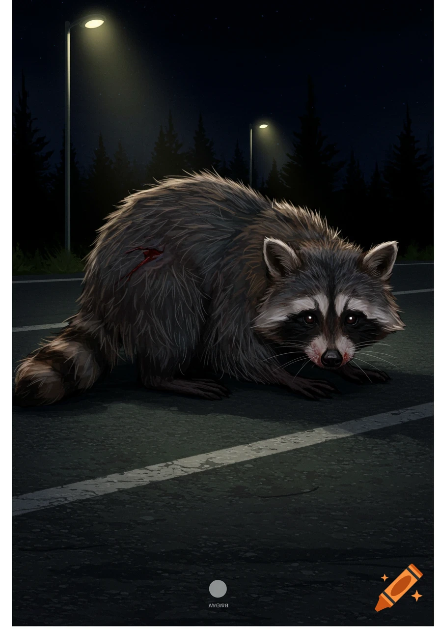 A wounded raccoon sits on a road at night under streetlights.
