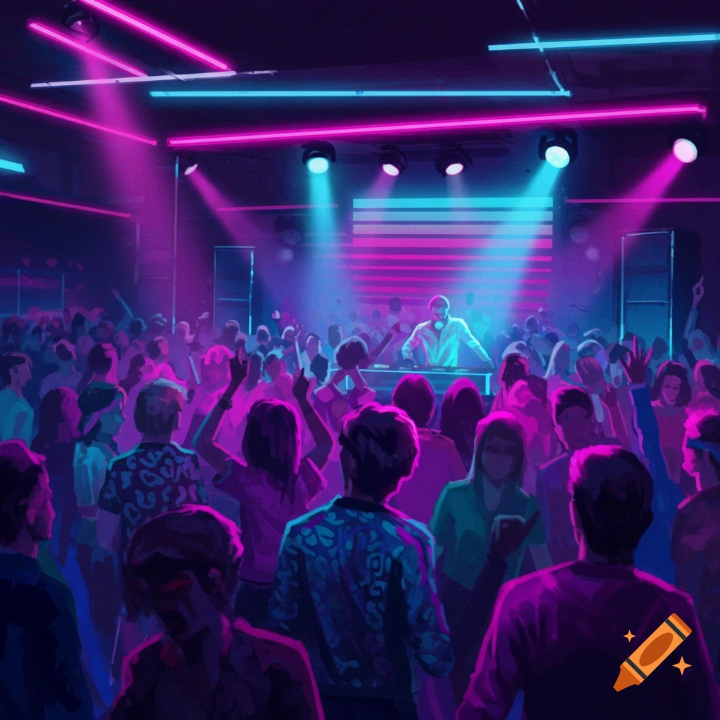 Crowded 80s-themed club with a DJ on stage under neon lights.