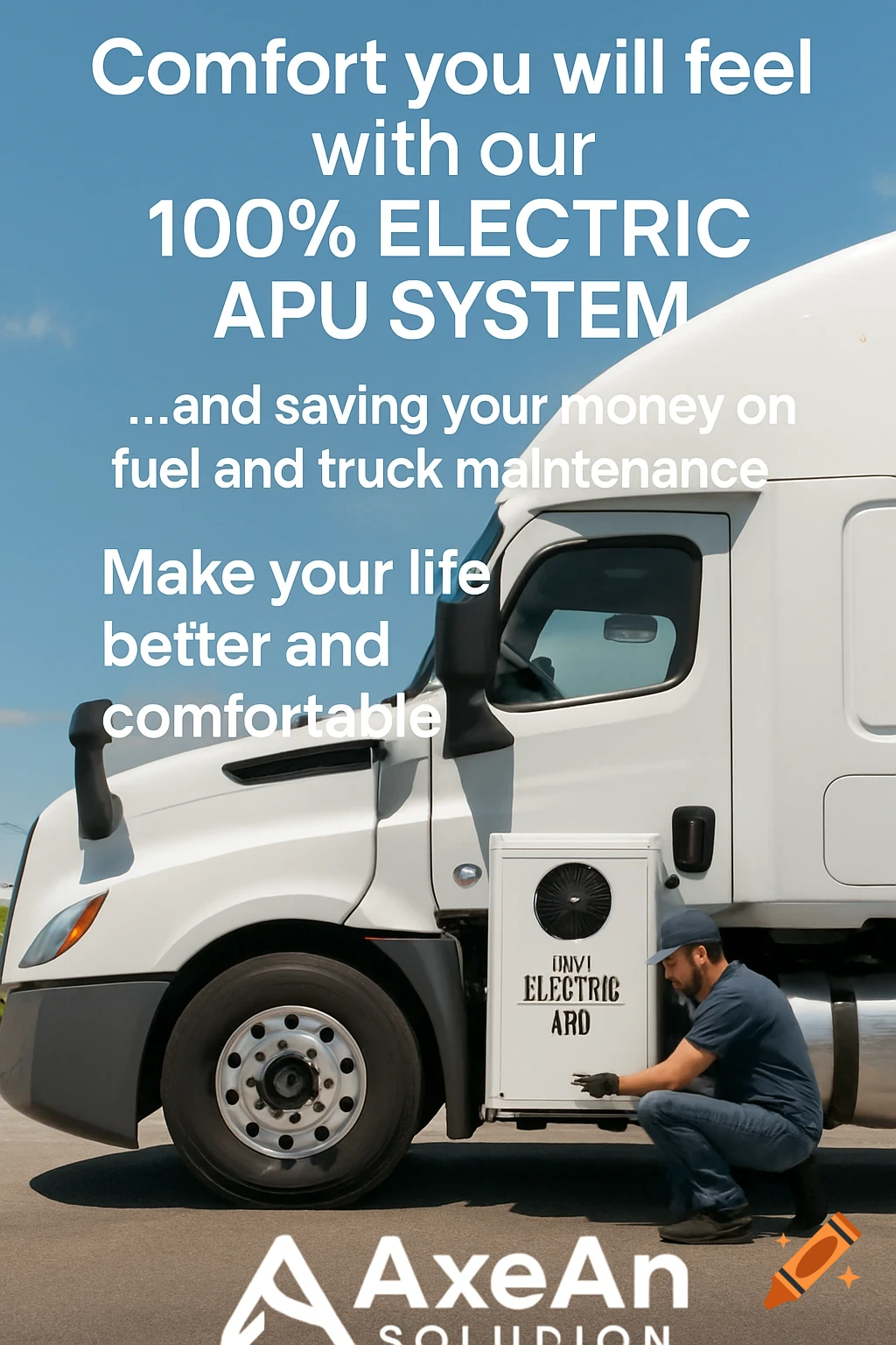 Advertisement shows a technician working on an electric APU system attached to a white semi-truck. Overlay text promotes comfort and fuel savings.