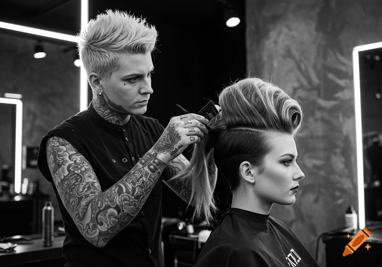 Black and white photo of a tattooed hairstylist styling a woman's hair with a modern updo.