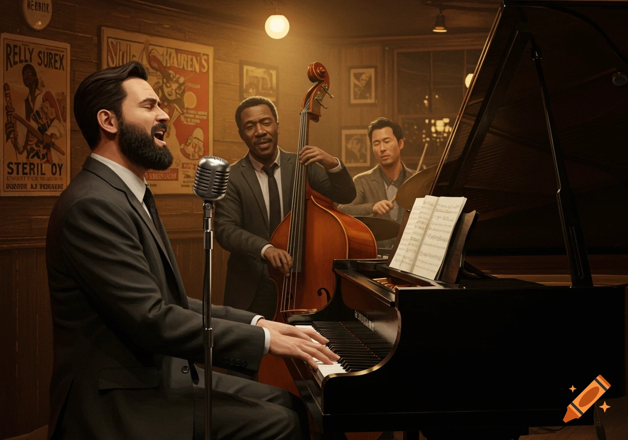 A jazz trio performs in a dimly lit club: a man sings and plays piano, another plays double bass, and a third plays drums.