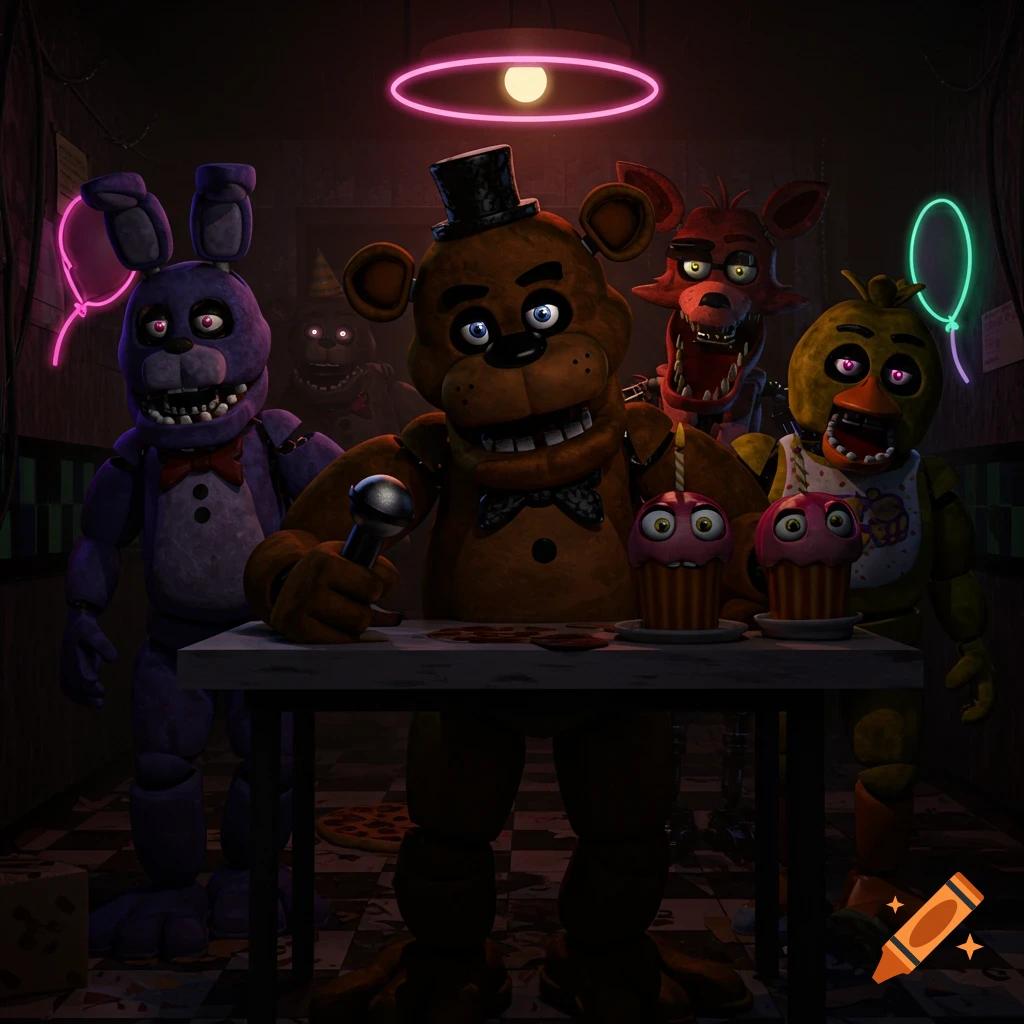 Five Nights at Freddy's animatronics standing behind a table with cupcakes in a dimly lit room
