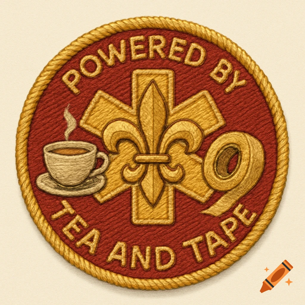 Circular patch with text 'POWERED BY TEA AND TAPE', fleur-de-lis, Star of Life, teacup, and tape.