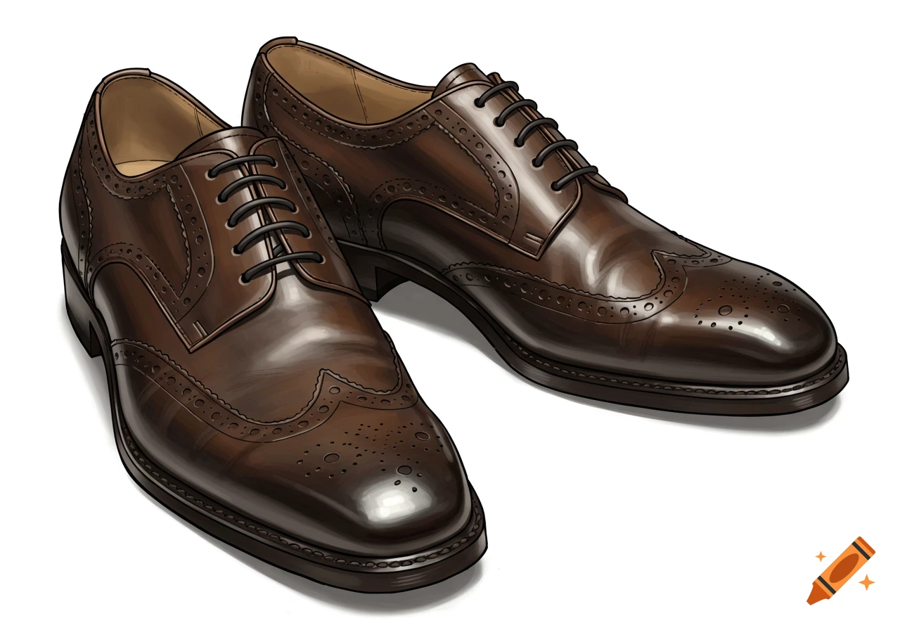 A pair of brown leather brogue shoes in an illustration style.