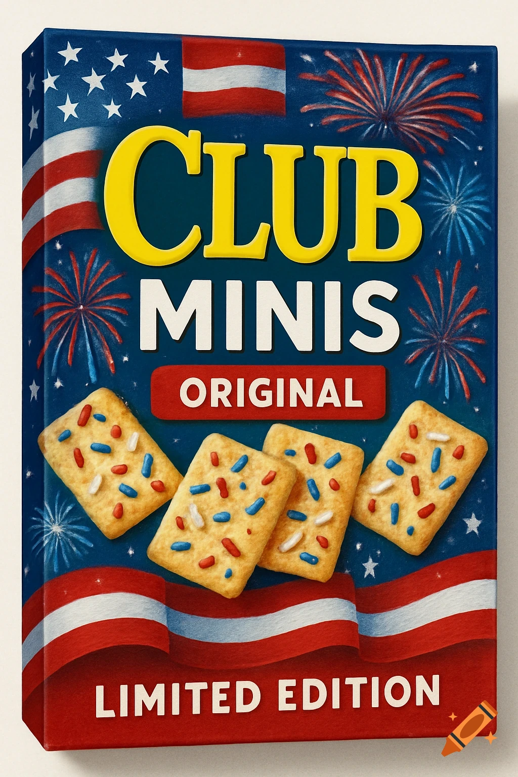 Box of Club Mini crackers with red, white, and blue sprinkles, featuring American flag and fireworks design.