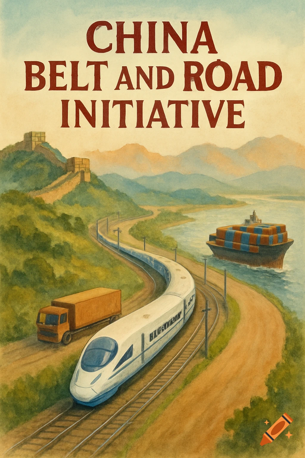 Painted illustration of a high-speed train, truck, and ship with text "CHINA BELT AND ROAD INITIATIVE"