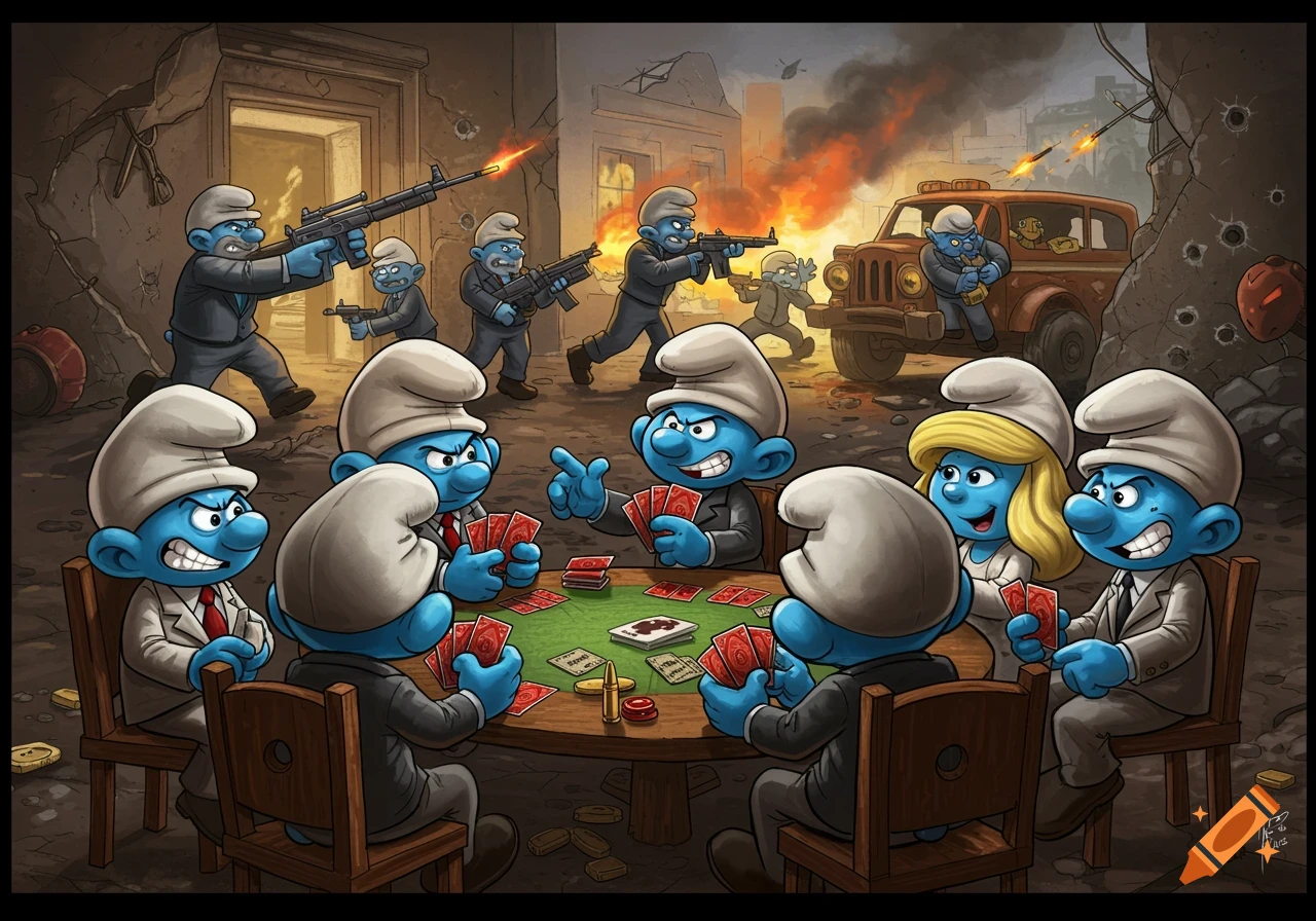 Cartoon Smurfs in suits play poker indoors while a battle rages with armed Smurfs and vehicles in the background street.