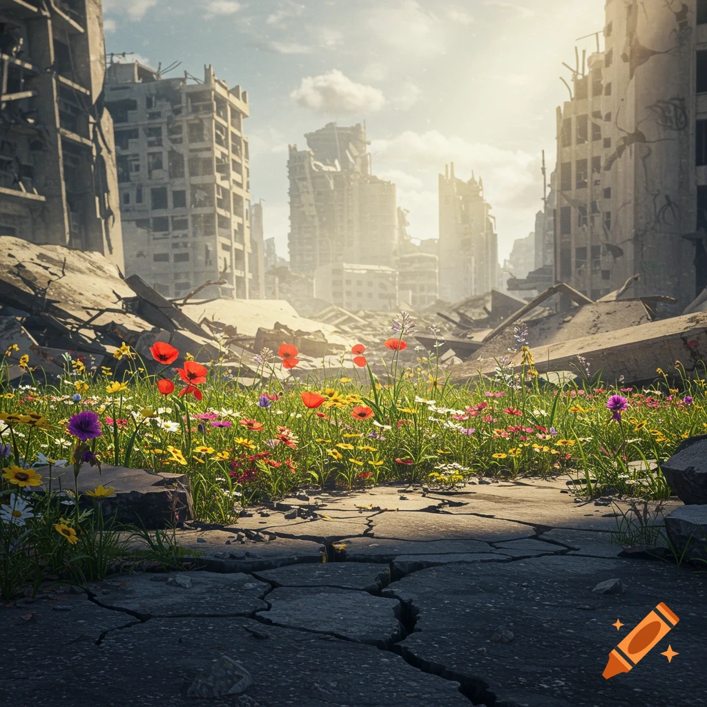 Colorful flowers grow in cracked pavement and rubble in a ruined city landscape under bright skies.