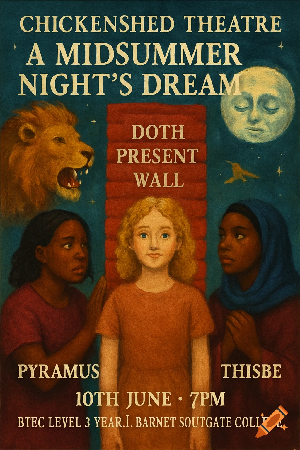 Poster for A Midsummer Night's Dream featuring a lion, the moon, three people, and text.
