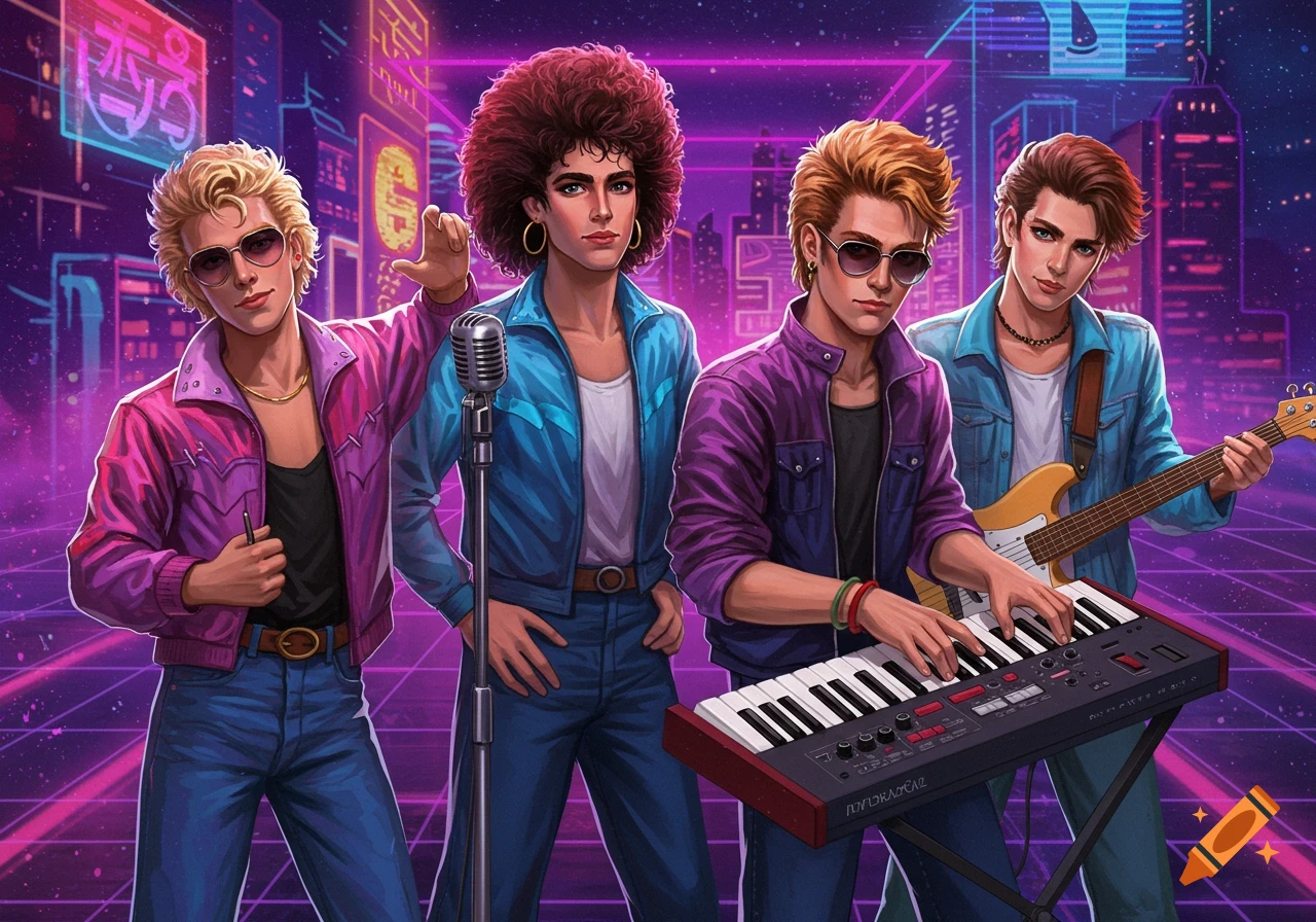 A synth-pop band in 1980s attire performs in front of a neon cityscape background.