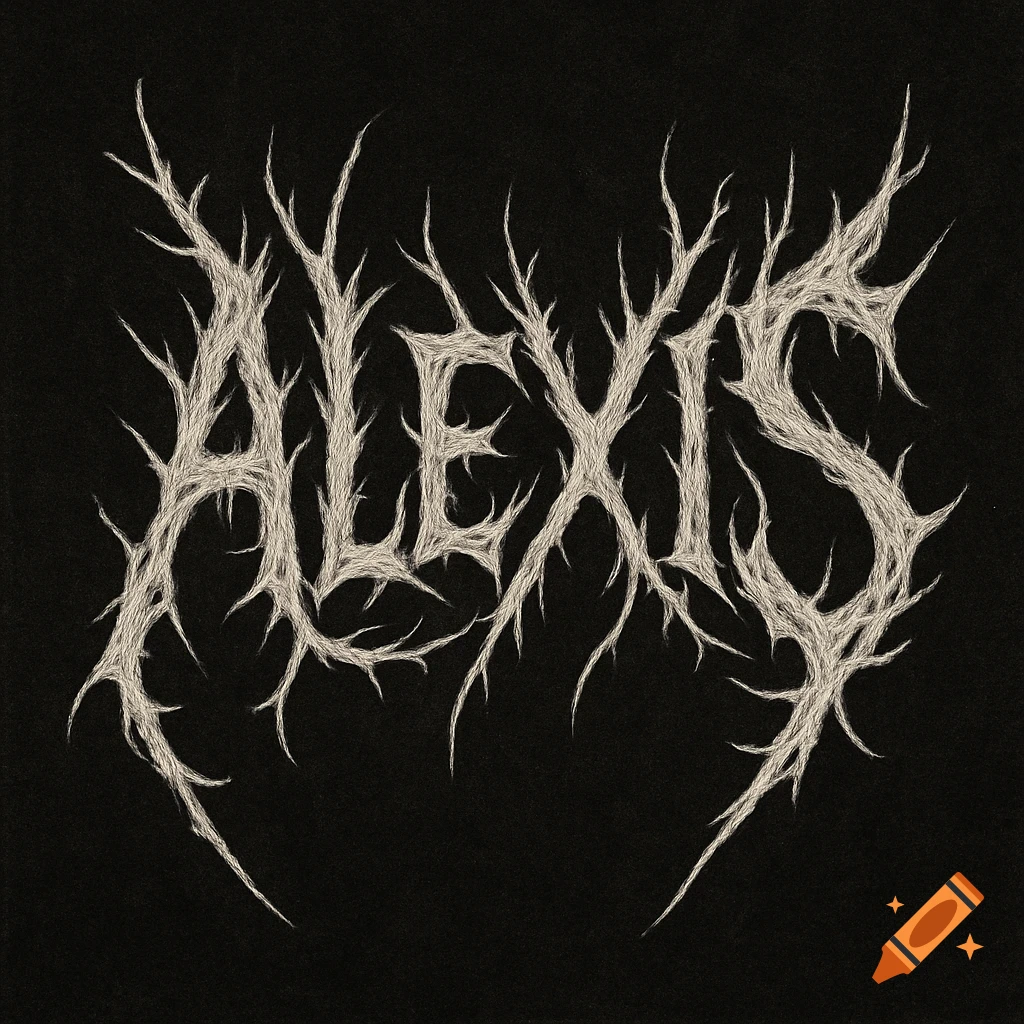 A death metal band logo for 'ALEXIS' with thorny, spiky lettering on a black background.