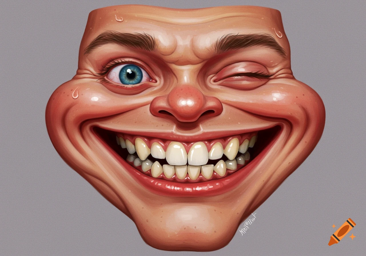 An exaggerated cartoon face grins widely with sweat droplets and one eye winking.