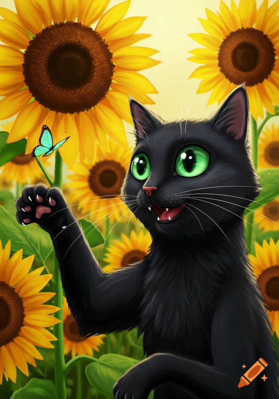 A black cat with large green eyes reaches for a blue butterfly among bright yellow sunflowers in an illustration.