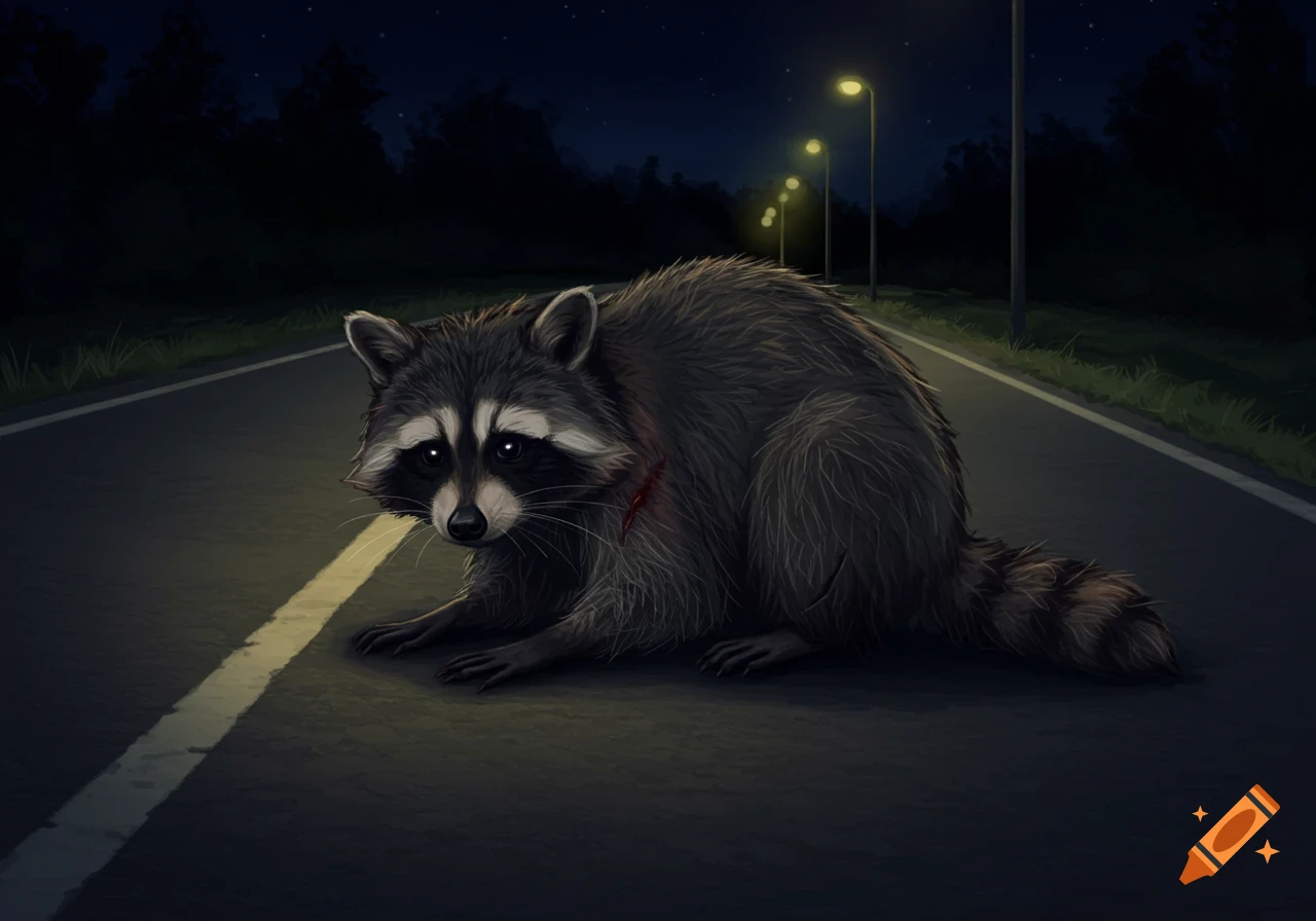 A raccoon sits on a dark road at night under streetlights, with a small red mark on its chest.