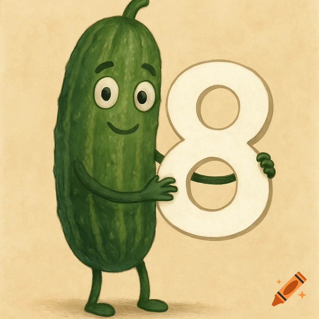 Cartoon cucumber character holding the number 8 in a textured illustration style.