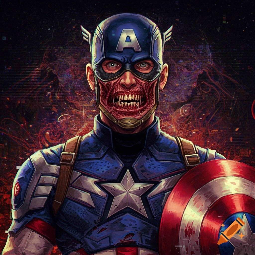 A zombie Captain America in costume with a decaying face, holding his shield, against a dark, glitchy background.