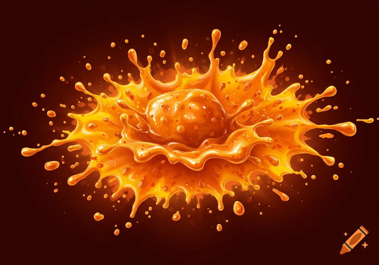 Graphic illustration of an orange liquid splash with drops radiating outwards