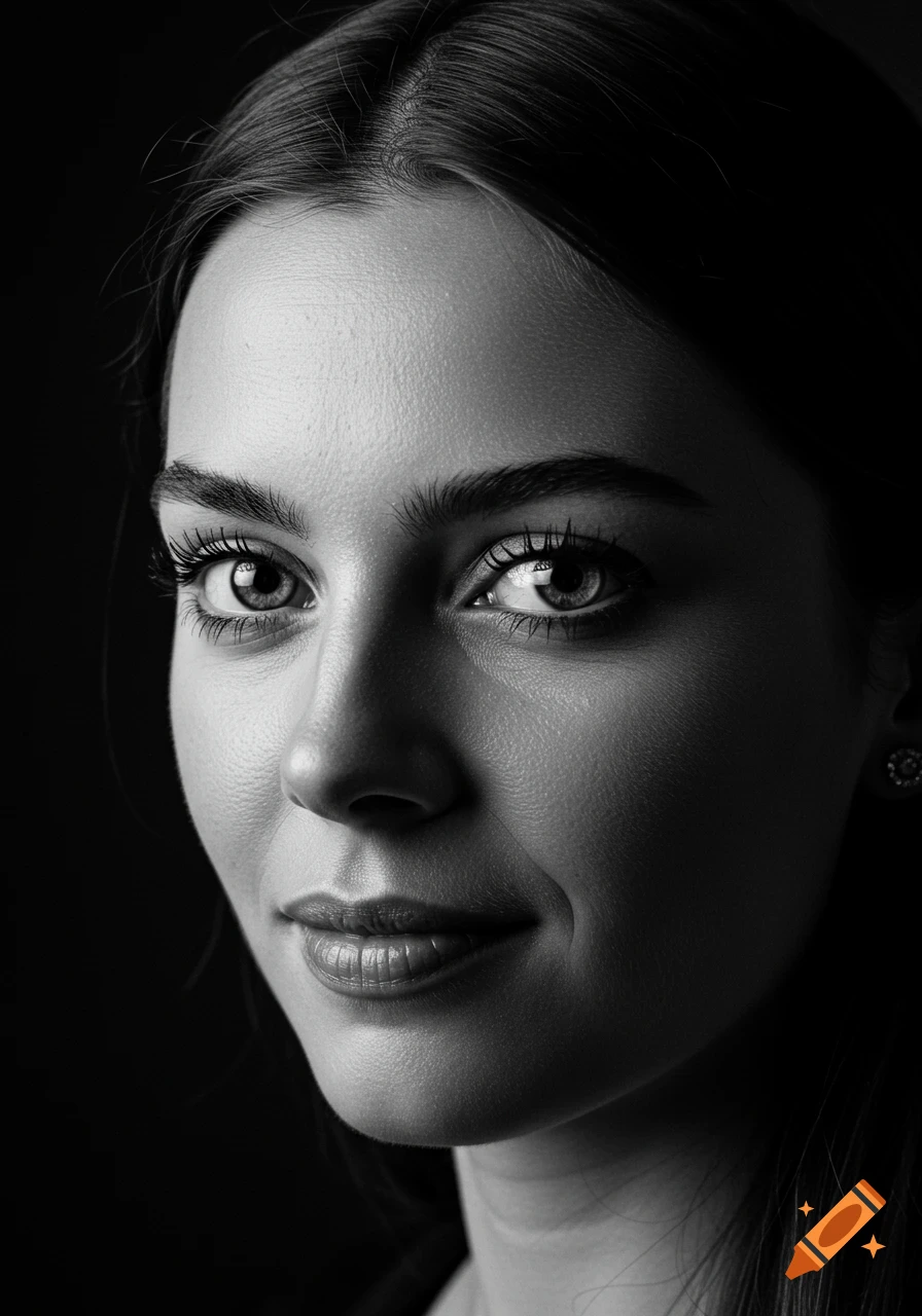 Black and white close-up portrait of a woman with dramatic lighting.