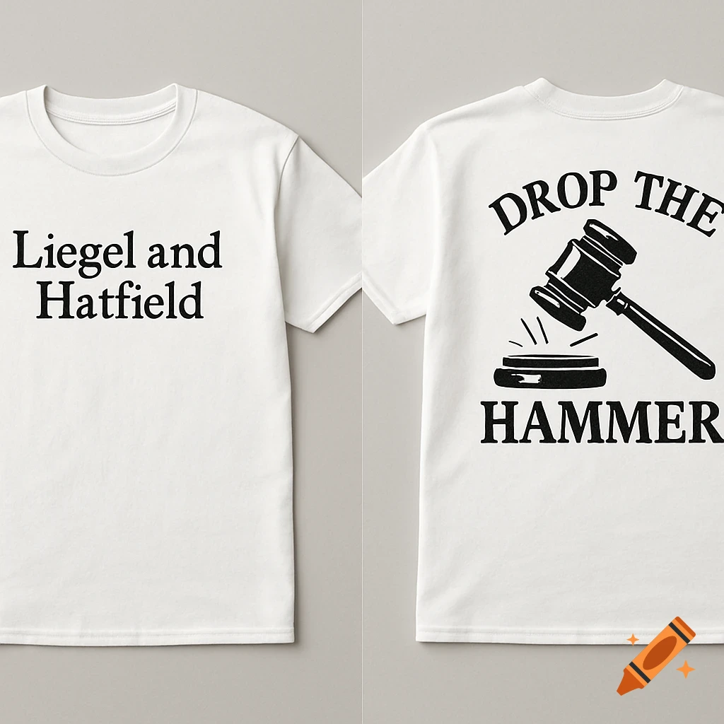 Front and back view of a white t-shirt with text and a gavel graphic.