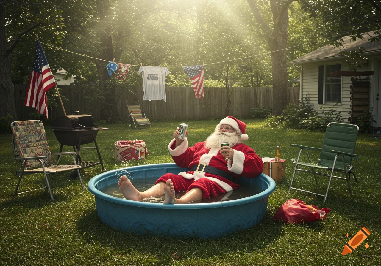 Santa Claus relaxing in a kiddie pool in a backyard, holding drinks.