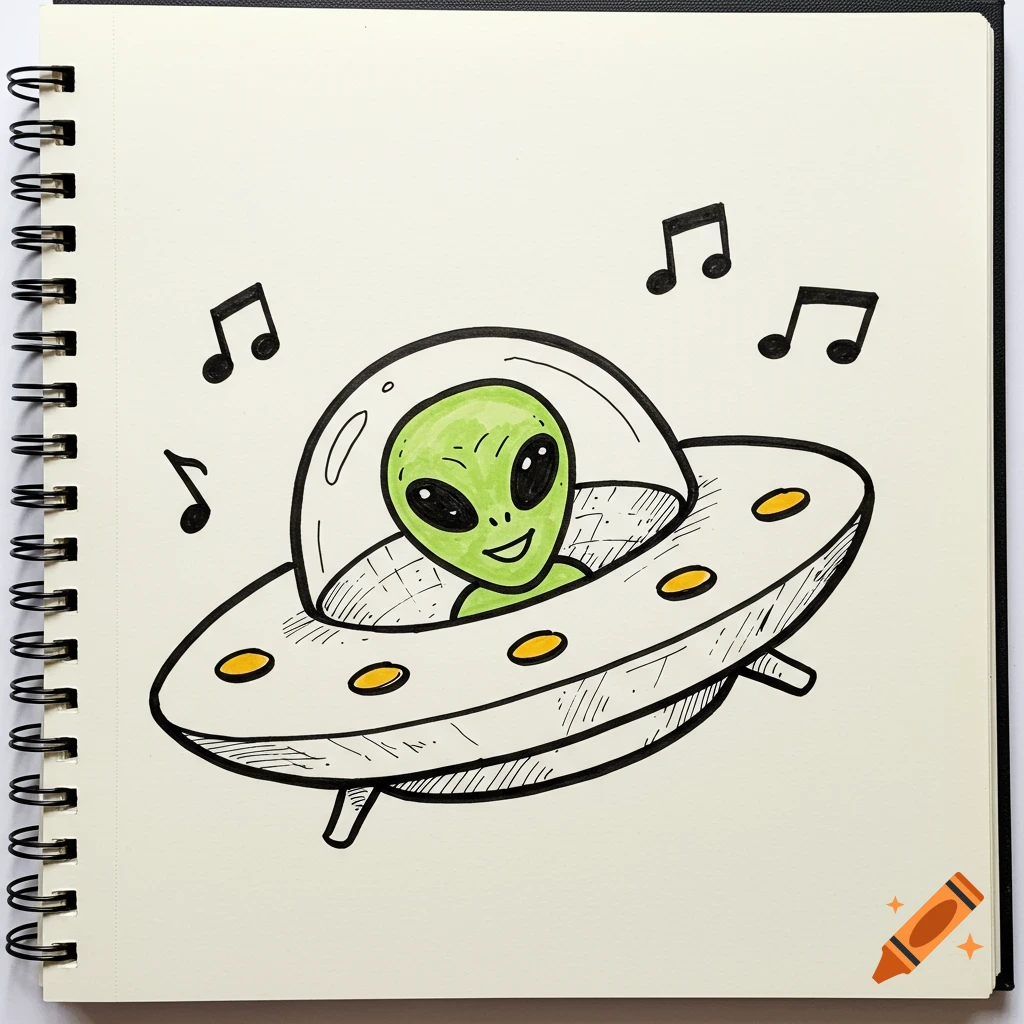 A cartoon drawing of a green alien in a UFO with musical notes around it, shown on a sketchbook page.