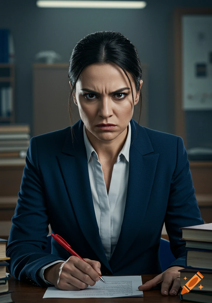 Angry woman in a suit writing at a desk with books