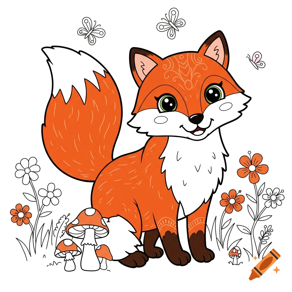 A cute cartoon fox illustration in a coloring book style sits among flowers and mushrooms.