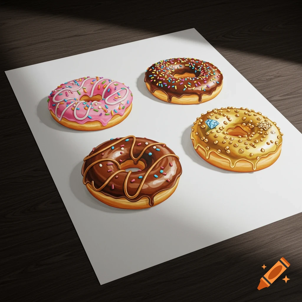 Four pop art style donuts on a piece of paper on a table