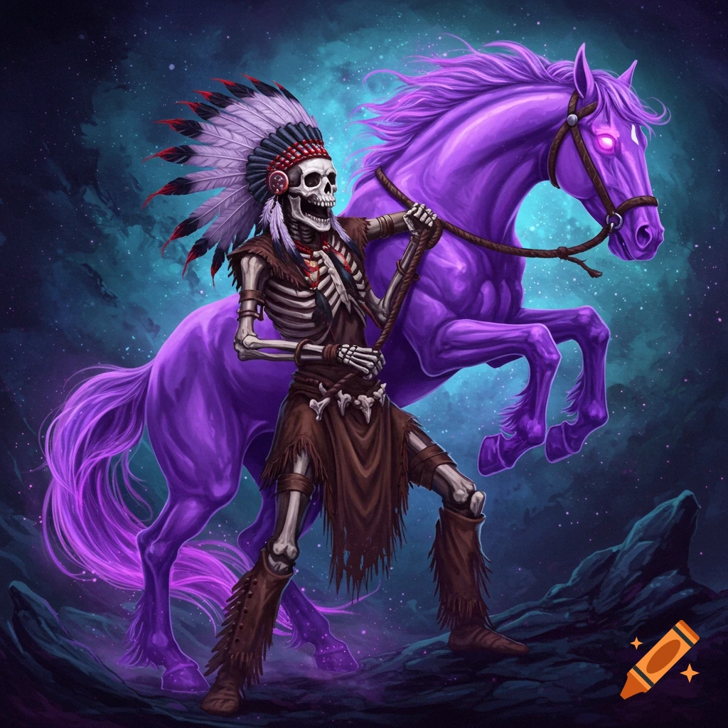 Fantasy art of a skeleton figure in a headdress next to a large purple horse under a starry sky.