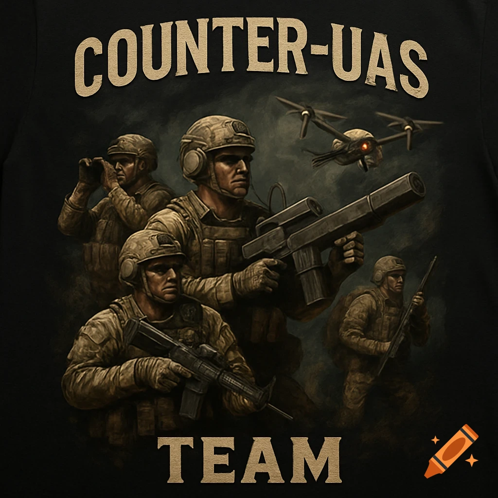 Military team with weapons and drone against dark background, with text COUNTER-UAS TEAM
