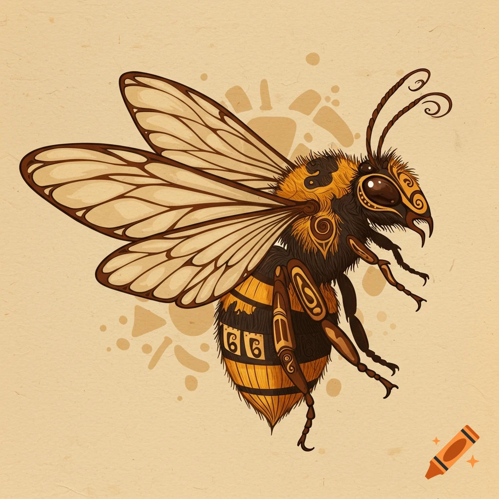 Stylized drawing of a bee with tribal patterns