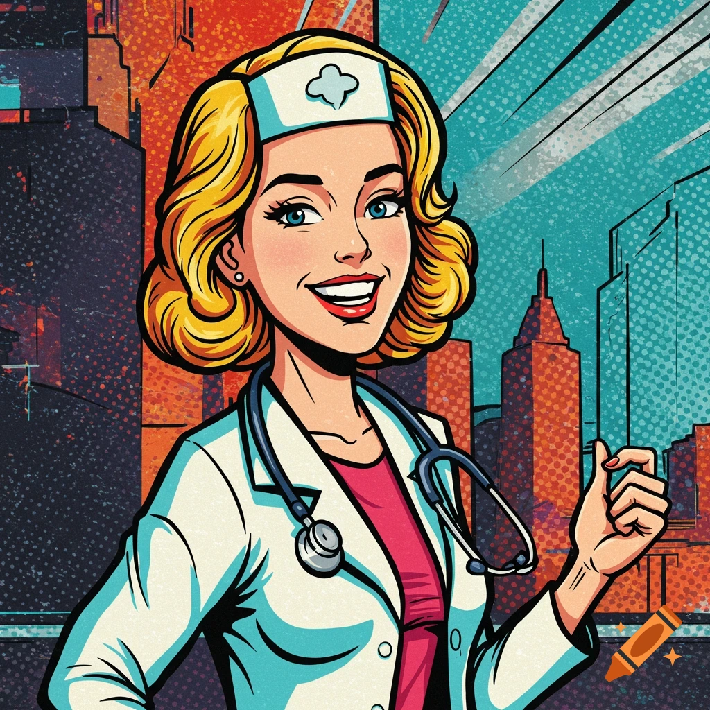 Comic book style portrait of a smiling female doctor against an urban background.
