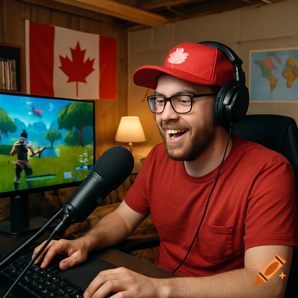 Canadian man in red hat streams video game in room with flag