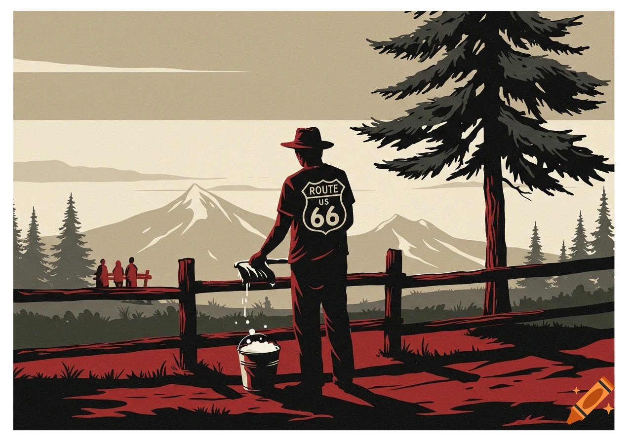 Stylized graphic art of a traveler with a Route 66 shirt by a fence, cleaning a bucket, with mountains and trees in the background.