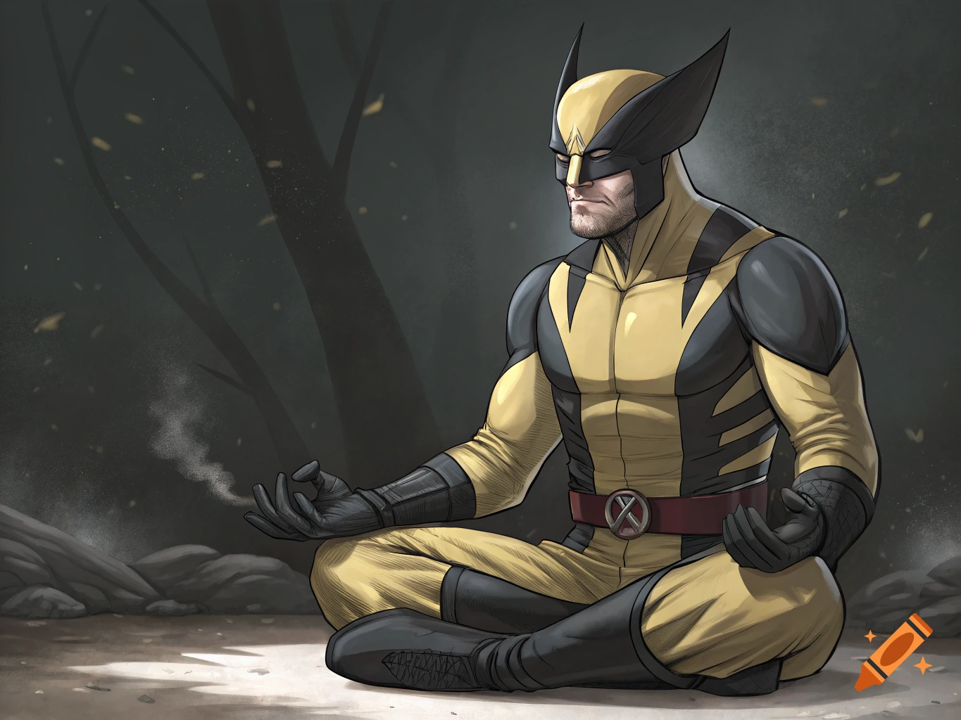 Wolverine in his yellow and black costume meditating in a dark forest