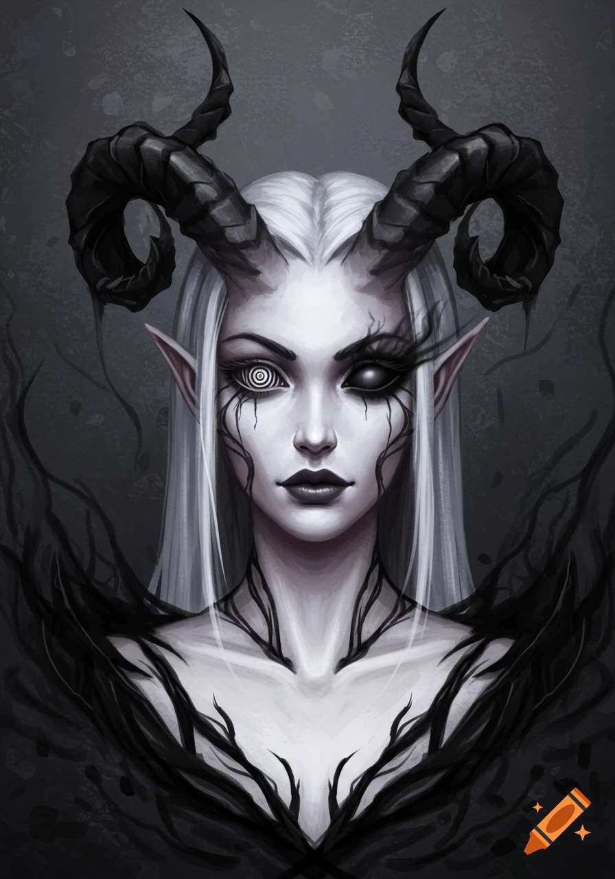 Portrait of a female Tiefling with white hair, black horns, one swirling eye, one black eye, and dark veins.