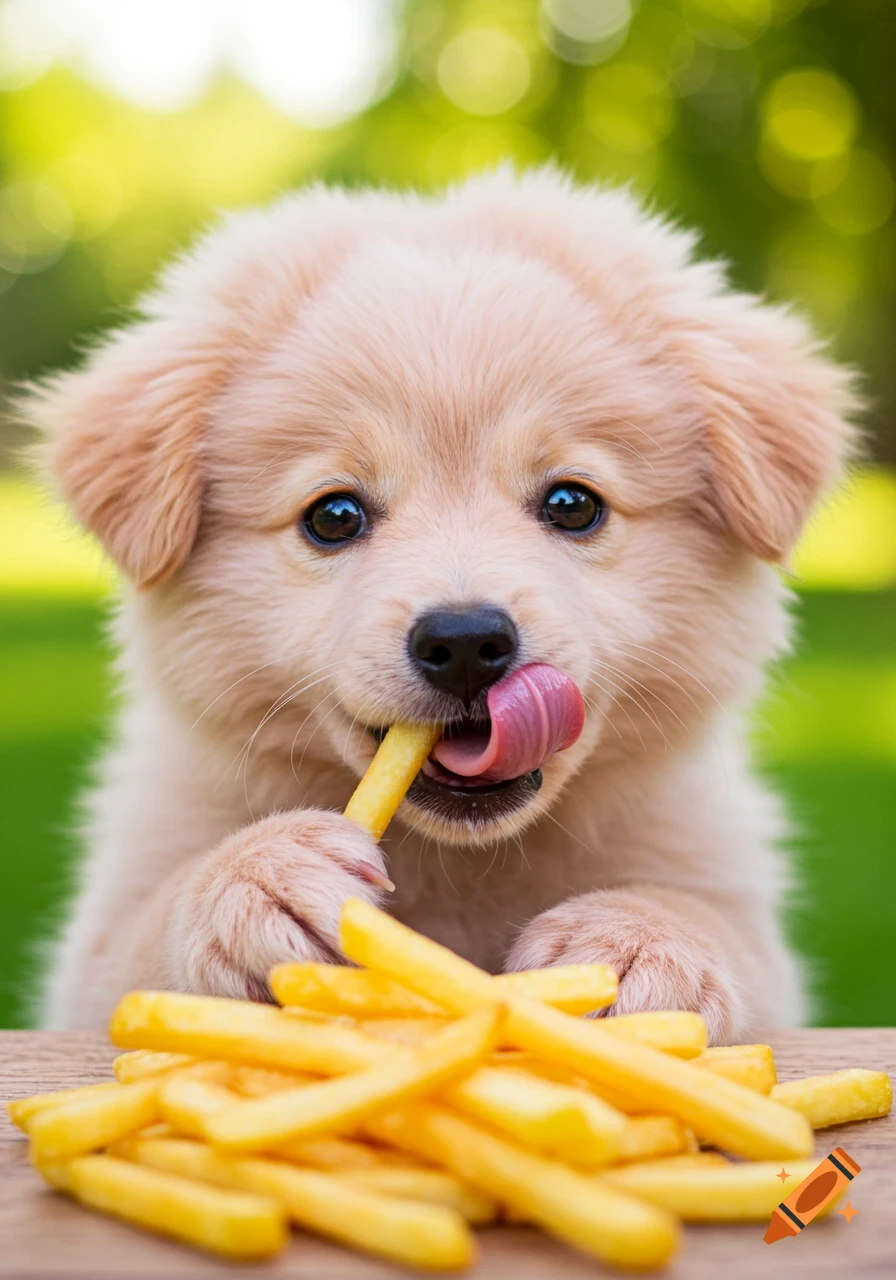 A cute puppy licks a french fry from a pile of fries.