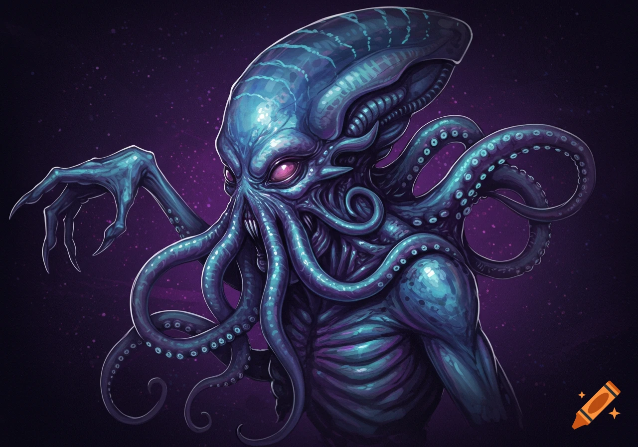 A blue and purple eldritch alien creature with tentacles and claws.