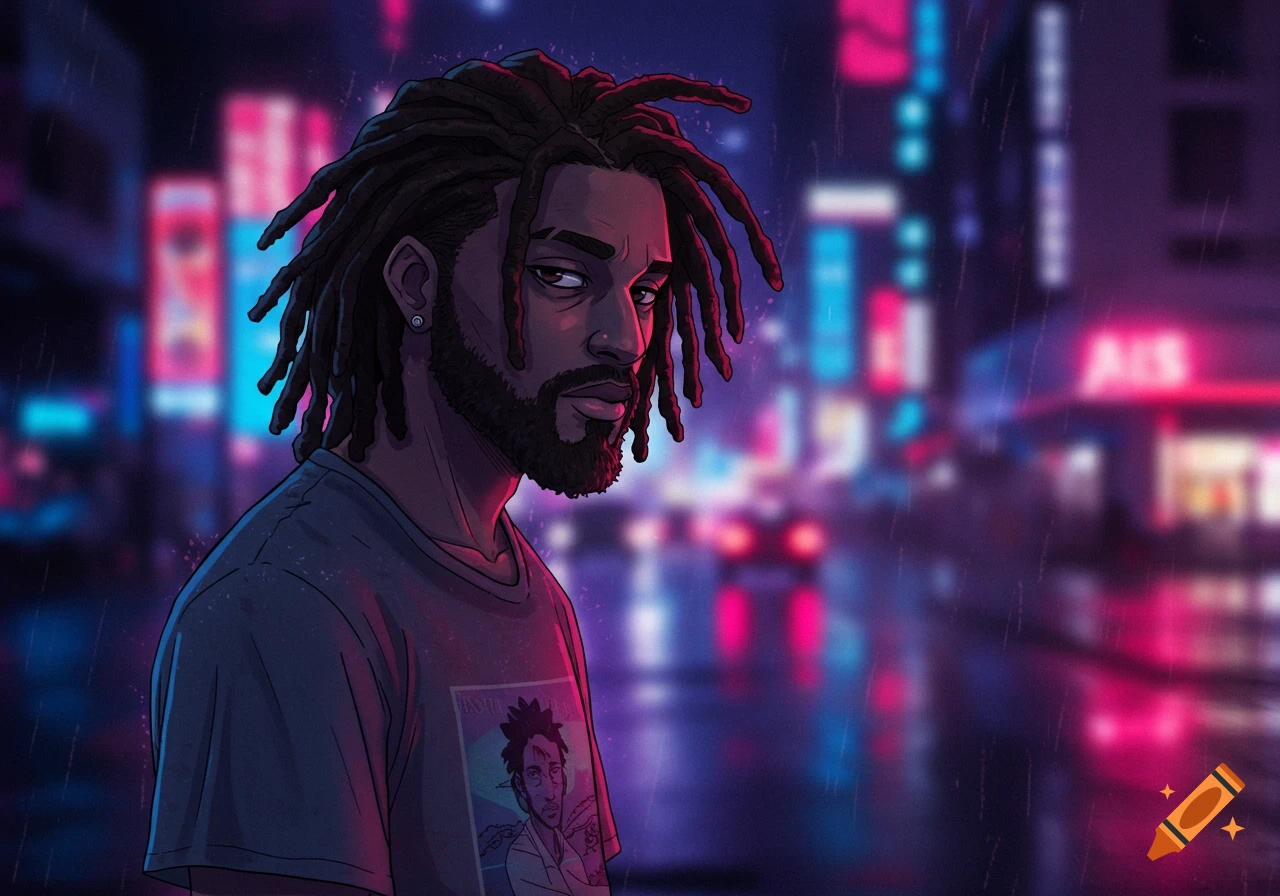 Anime portrait of a black man with locs and beard in a neon-lit city street.