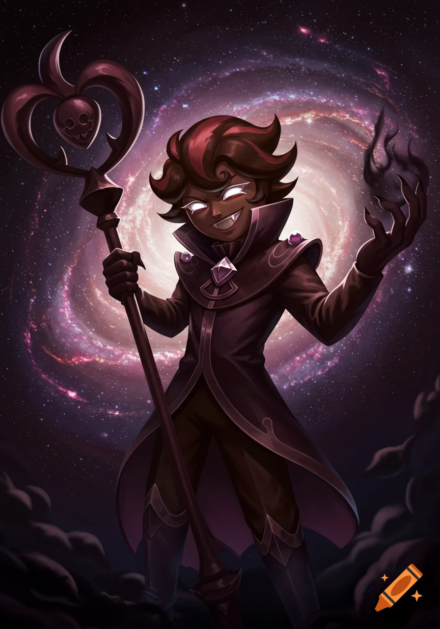 A stylized character in dark clothing holds a staff before a swirling galaxy.