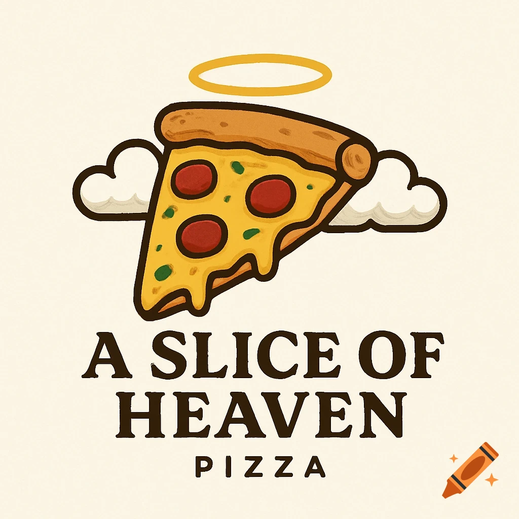 A cartoon logo featuring a slice of pizza with a halo above clouds and text saying 'A Slice of Heaven Pizza'.