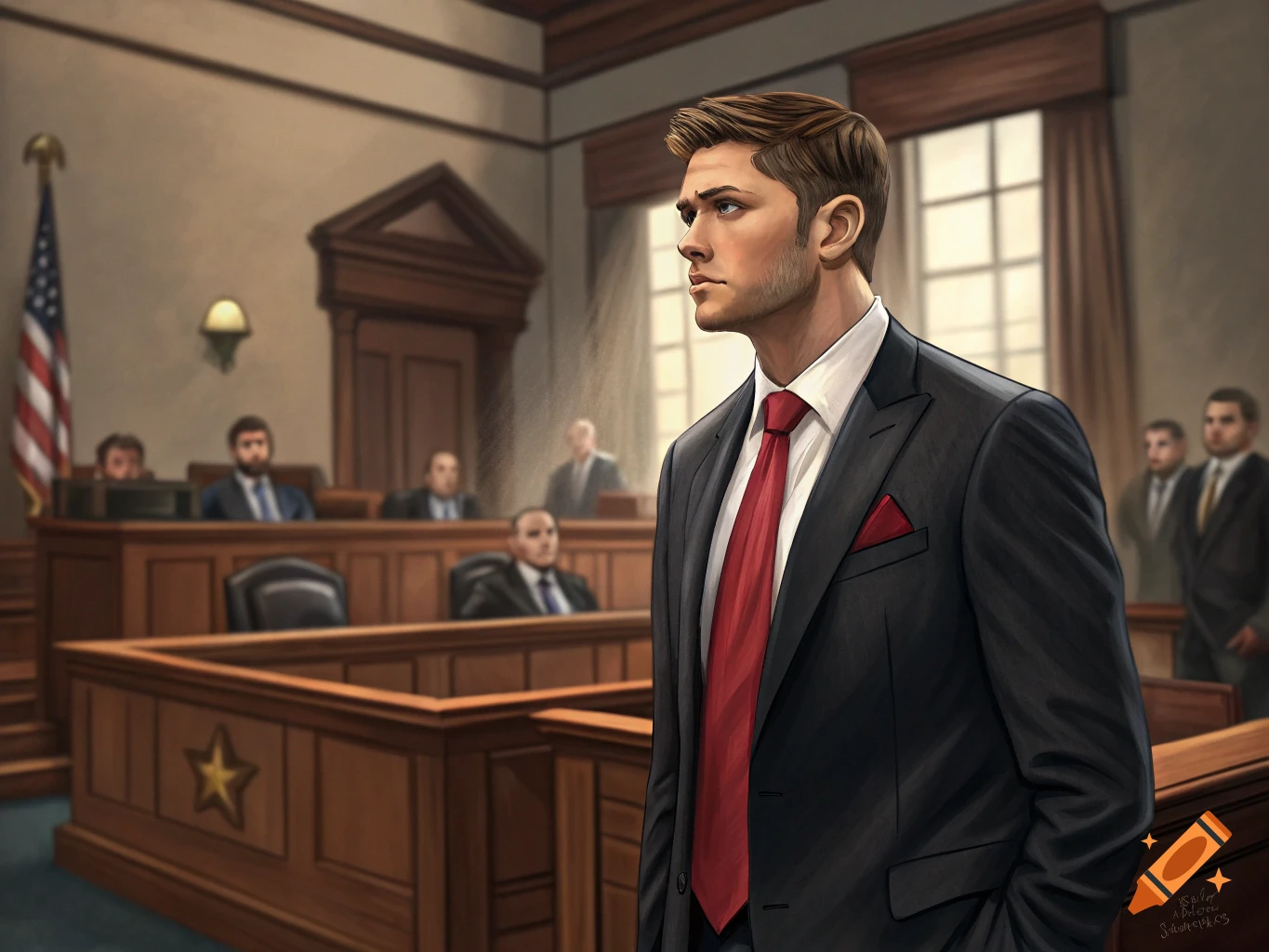 A man resembling Dean Winchester in a suit stands in a courtroom.